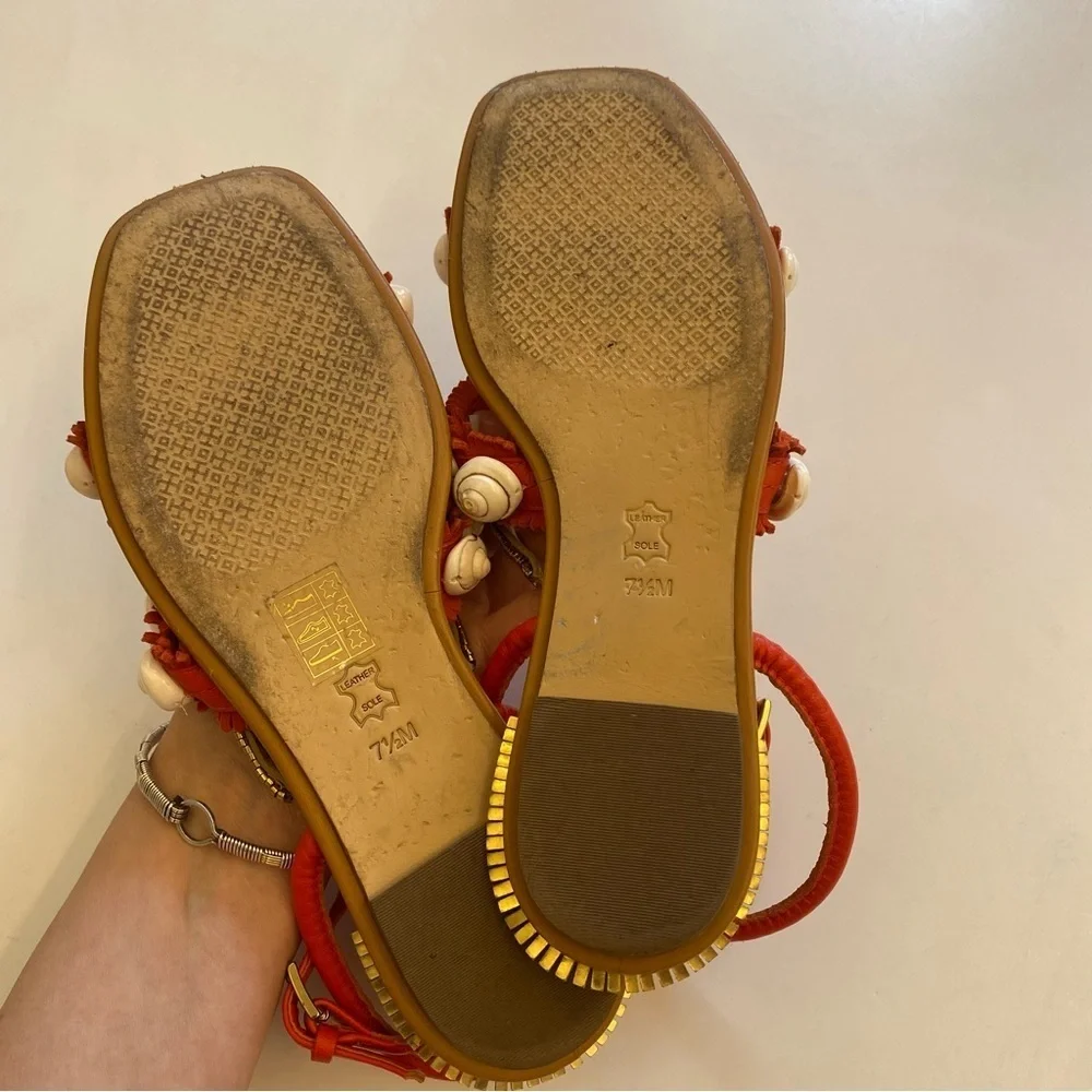 Tory Burch || Sinclair‎ Seashell Sandal Strappy Fringe Gold Orange Red 7.5